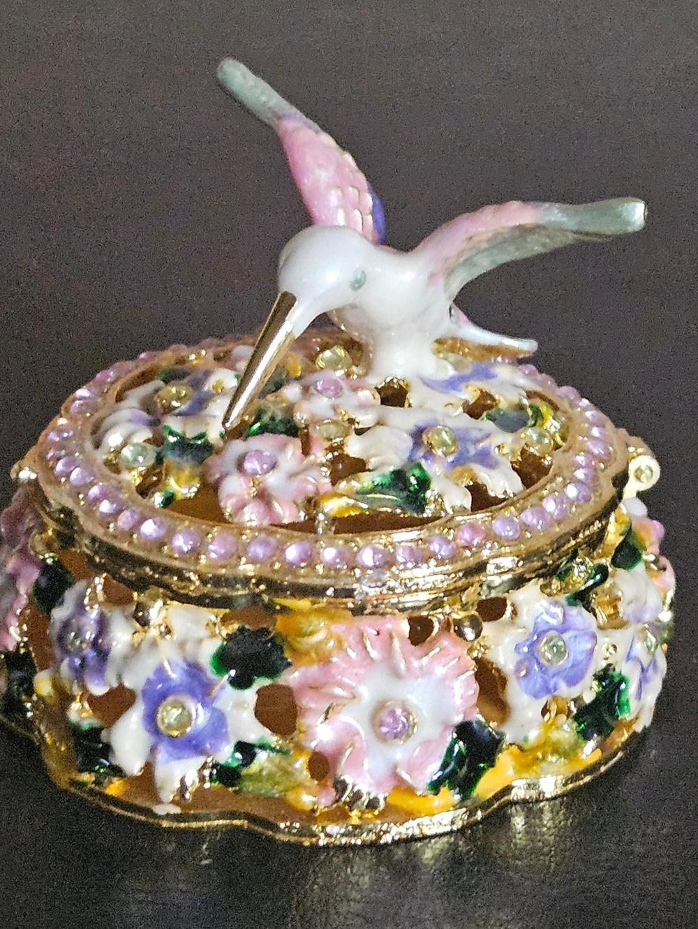 Hummingbird Floral Jeweled Trinket Box - Pink, Lavender, Gold